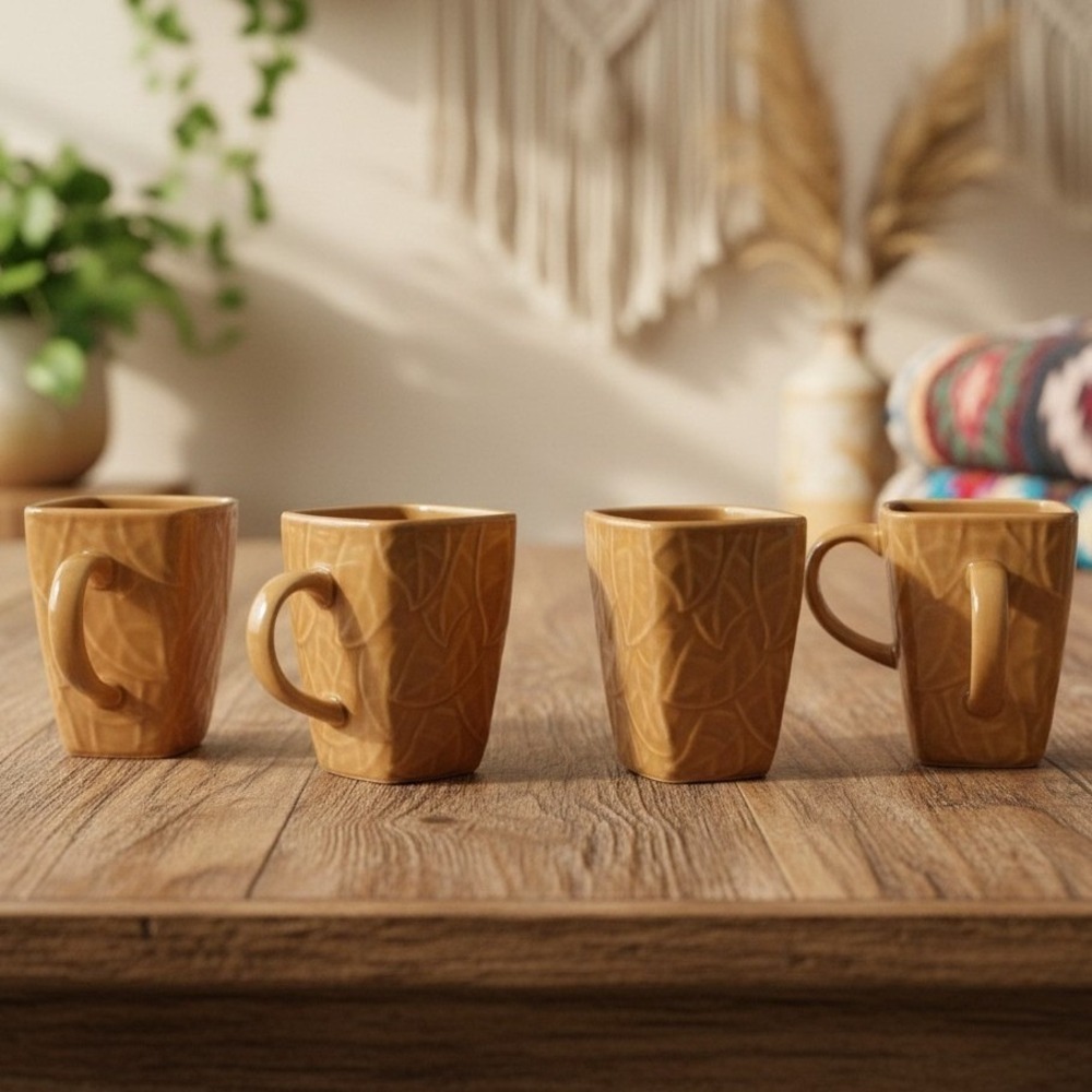 Baum Bros Style Eyes Coffee Mugs, Set of 4, Tea Leaves Glazed Ceramic Cups